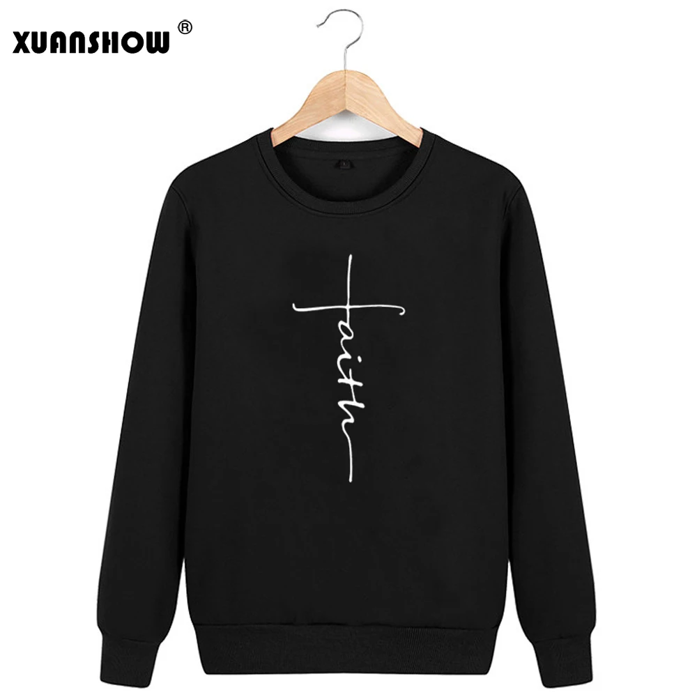 

XUANSHOW 2019 New Autumn Winter Unisex Sweatshirts Cross Printed Fleece Pullover Couple Lover Clothes Casual Oversized Women Top