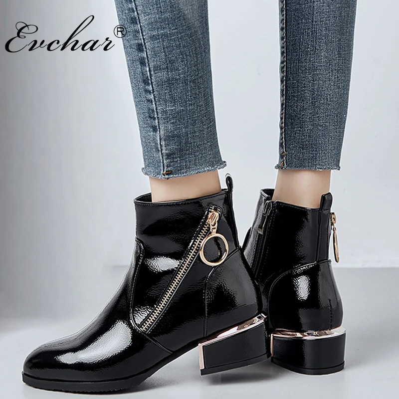 

New fashion ankle boots side zipper med heels pointed toe riding boots shotr plush metal decoration women shoes big size 32-43