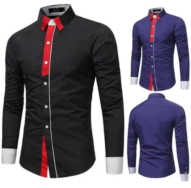 Mens long contrast Sleeve solid casul Clearance Slim Fit Button Front