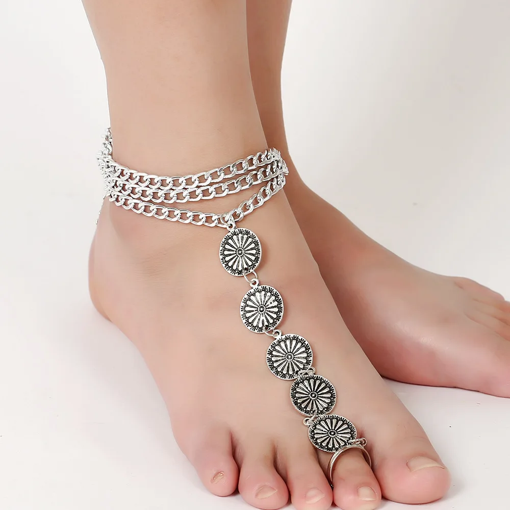 

Vintage Coins Anklets Bohemian Multilayer Tassel Carving Flower Ankle Bracelet Even toe Barefoot Sandals Foot Jewelry