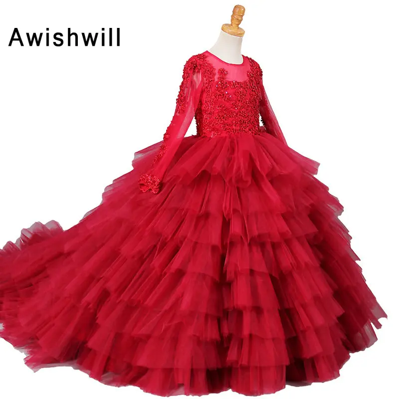 Настоящая фотография Красный бальное платье для девочек в цветочек платья с длинным рукавом из бисера аппликации многоуровневого тюль платье для причастия для девочек День рождения - Цвет: Красный