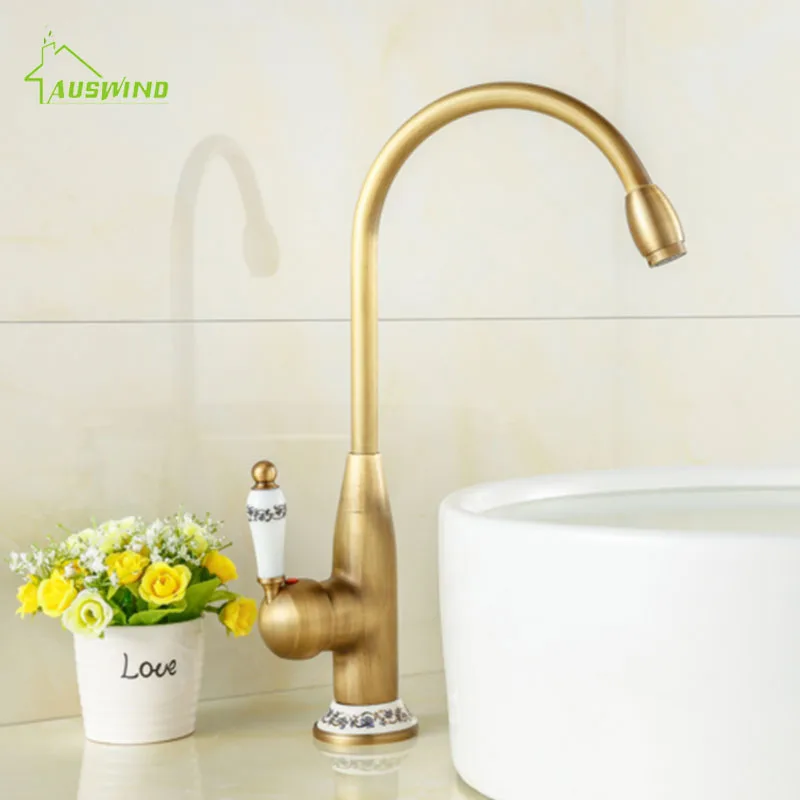 

Antique Brass Faucet All Copper Kitchen Sink Hot Cold Toilet Drawing High Rotating Table Top Basin Bathroom Accessories Set