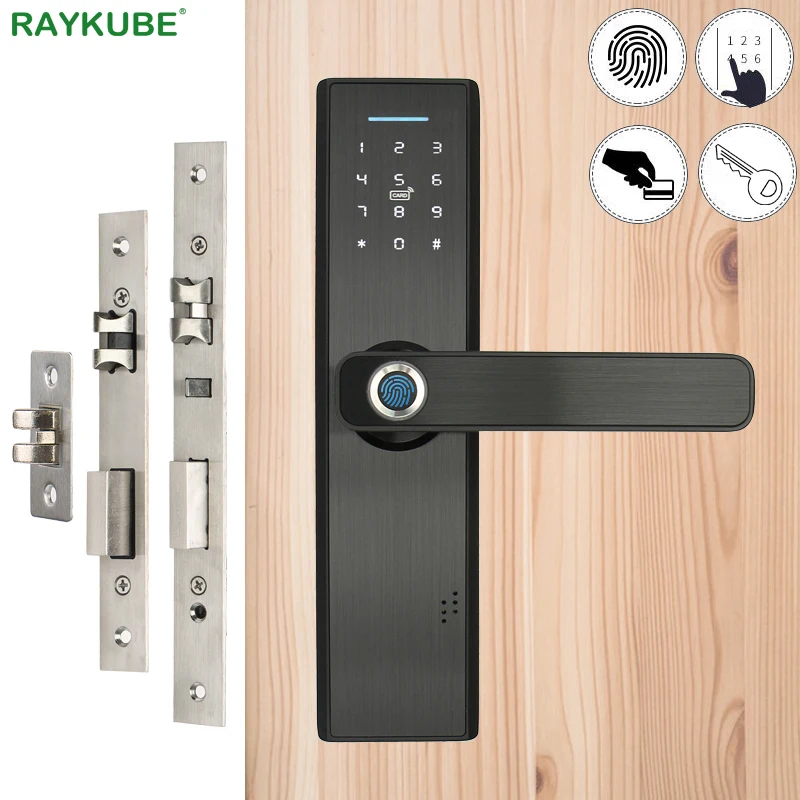 Online RAYKUBE Bloqueo de huellas dactilares tarjeta inteligente código Digital cerradura de puerta electrónica cerradura con muesca de seguridad Panel de dibujo de alambre R FG5