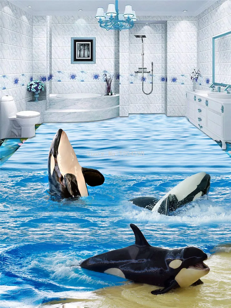 3D обои мультфильм морская волна дельфины напольная плитка фрески стикеры ванная комната детская спальня ПВХ водонепроницаемый самоклеющиеся обои