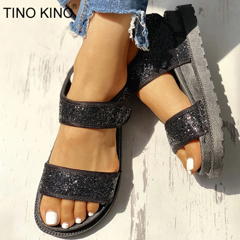 

TINO KINO Women Flats Sequins Bling Sandals Ladies Open Toe Hook Loop Casual Comfort Female Shoes Summer Fashion Sandals
