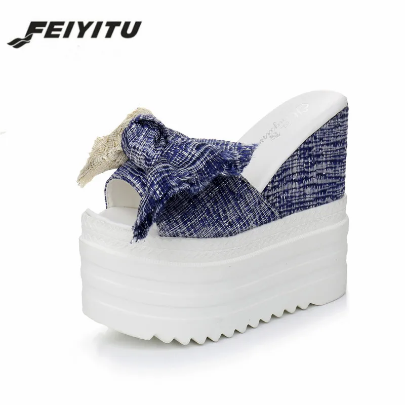 

FeiYiTu Summer Women Wedge Slippers Platform Appliques Butterfly-knot Beach Antiskid Female Slipper Clog Shoes Slides Women