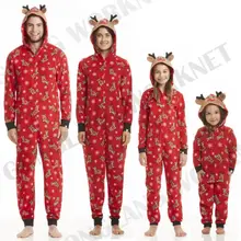 Family Matching Christmas Pajamas Romper Jumpsuit Women Men Baby Kids Red Print Xmas Sleepwear Nightwear Hooded Zipper Outfits
