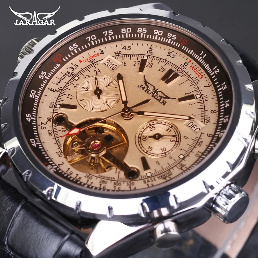 JARAGAR الرجال الميكانيكية ووتش الفاخرة التلقائي توربيون الساعات التقويم يوم الأسبوع سنة جلد Relogio Masculino 2016 JARAGAR الرجال الميكانيكية ووتش الفاخرة التلقائي توربيون الساعات التقويم يوم الأسبوع سنة جلد Relogio Masculino 2016