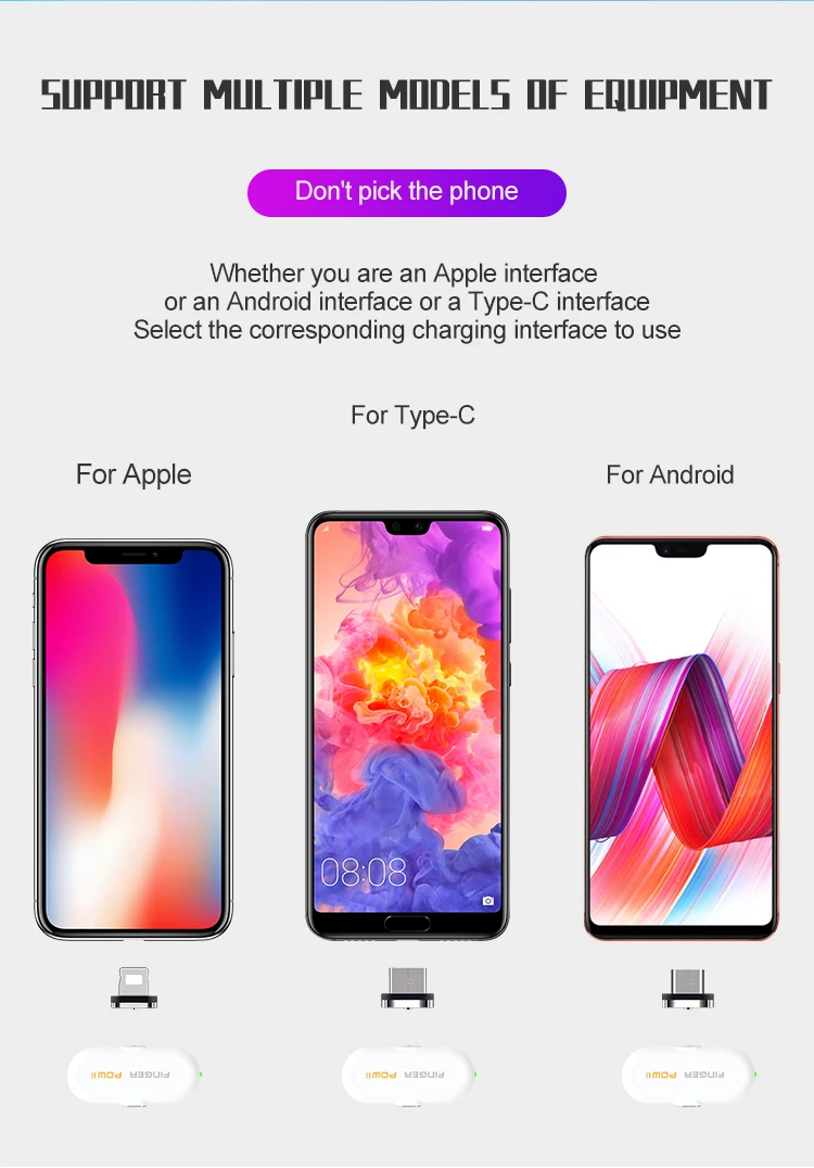 Fingerpow беспроводной мини банк питания для iPhone/Android/TypeC Магнитный USB кабель Внешний аккумулятор 18650 Банк питания портативное зарядное устройство