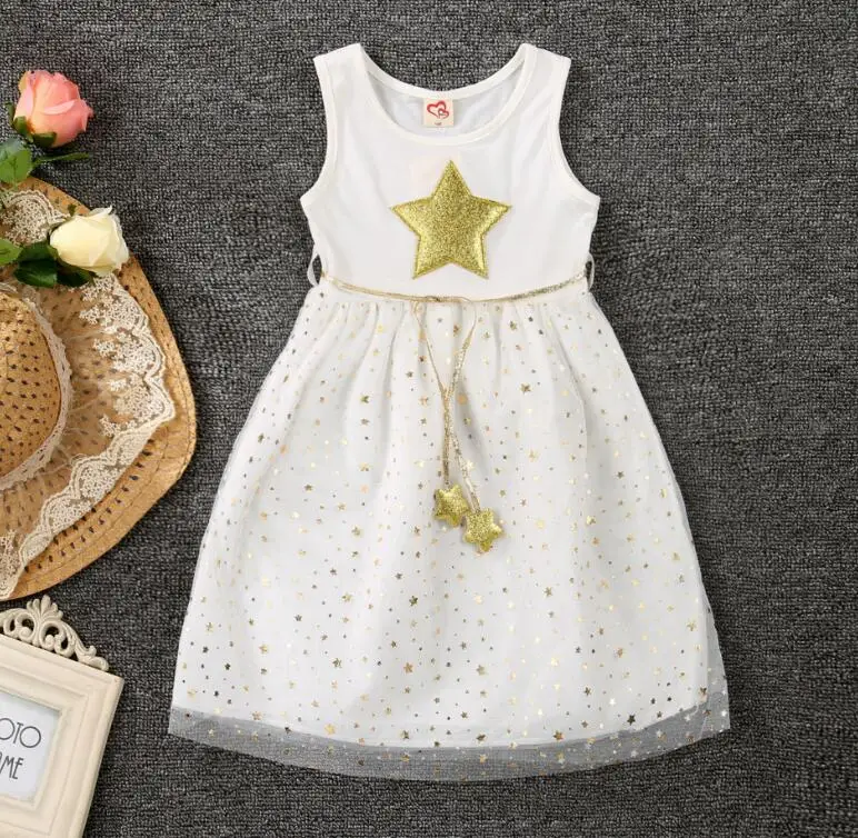 Белые и черные летние детские платья для девочек одежда для малышей с золотыми звездами повседневные милые вечерние платья-пачки из хлопка с вуалью для девочек - Цвет: White