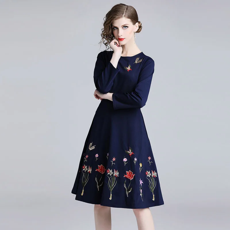 Высокое качество женское синее вечернее платье vestidos Европейская станция вышивка