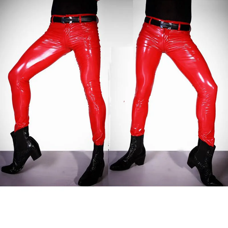 Мужские штаны из искусственной кожи в стиле панк, подчеркивающие сцену, сумка, леггинсы, маленькие ноги, модные крутые мужские брюки-карандаш из искусственной кожи - Цвет: Red Pants