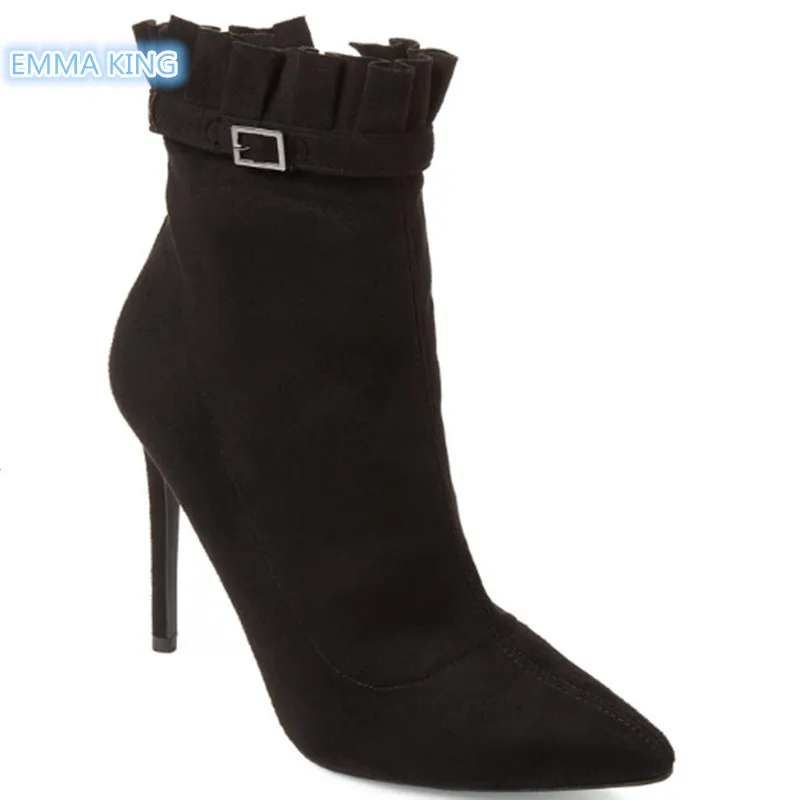 

Suede Ruffles Designer Ankle Boots Women Pointed Toe Stilettos Sexy Ladies High Heel Shoes Ankle Buckle Side Zipper Botas Mujer