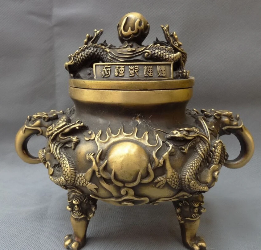 

song voge gem S4321 10" Chinese Bronze Buddhism Fly Dragon Ball Head Statue Incense Burner Censer