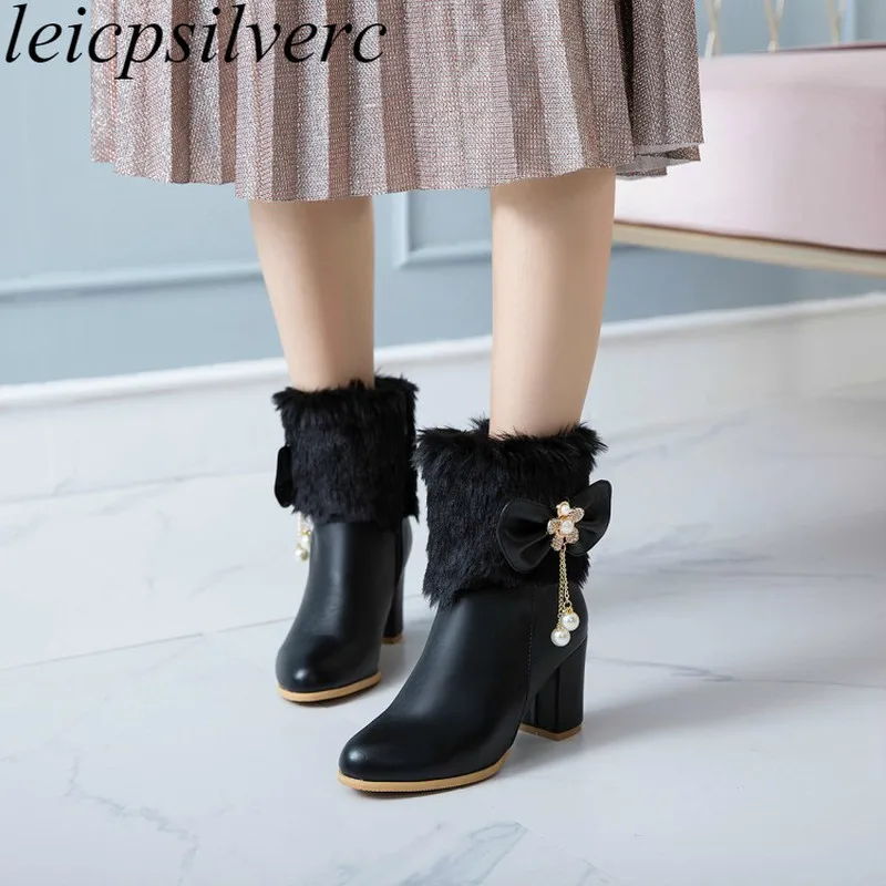 

Women Boots Autumn Winter Warm Fur High Heel Mid-calf Round Toe Zip Butterfly-knot 2018 Pu New Sexy Fashion Black White