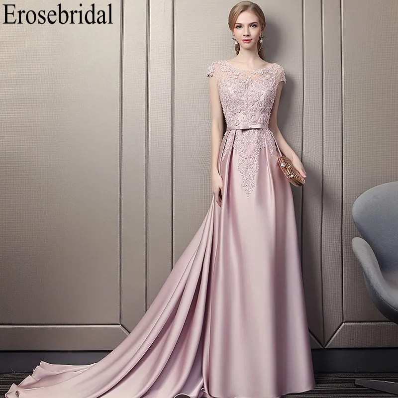 Erosebridal Pink Satin Evening Dress Long 2019 Formal Women Prom Party Wear with Small Train Lace Beaded Bodice with Betl