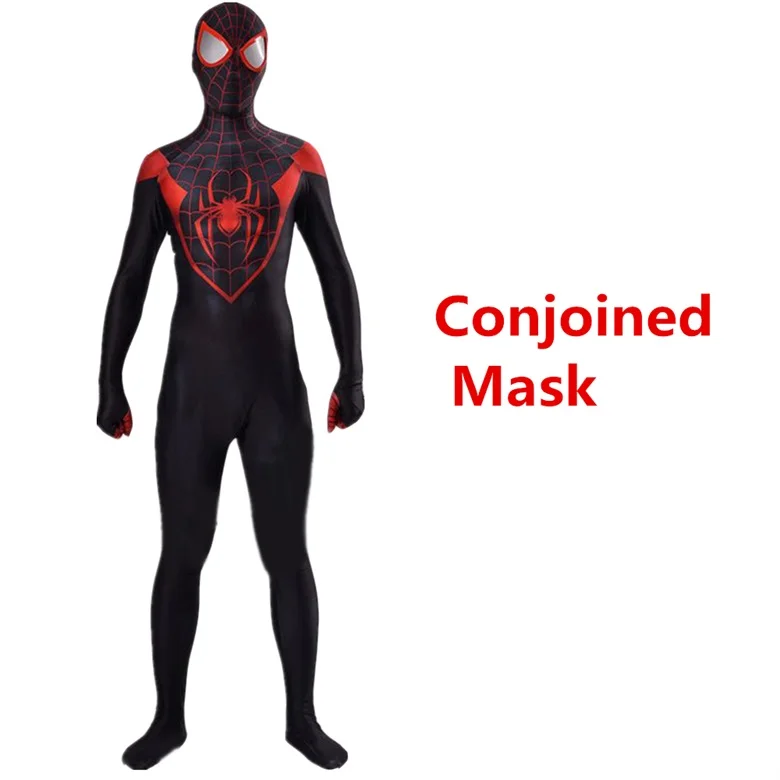 Для взрослых и детей Майлз Моралес удивительный паук комбинезон косплей костюм боди зентай черный красный костюм Хэллоуин - Цвет: Conjoined Mask