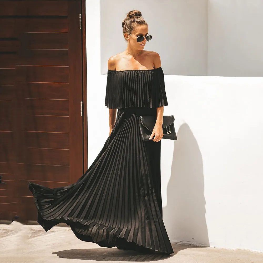 

Long Off Shoulder Pleated Chiffon Dress Women 2019 Autumn Solid Maxi Dress Off The Shoulder Elegant Ruffle Party Dress Vestidos