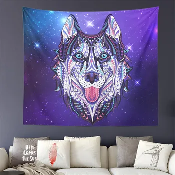 

Animal Husky Dog Print Tapestry Boho Colorful Wall Hanging Purple Galaxy Soft Thin Blanket Wall Carpet Home Decor D40