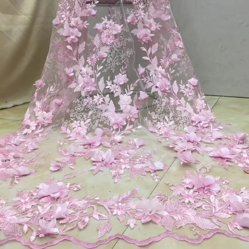 

FolaSade Hot sale african lace fabric with 3D embroidery flower Fashion pink french Bridal tulle lace fabric 5 yards/pc TZ592