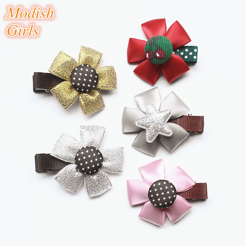 

20pc/lot Five Leaves Floral Ribbon Hair Clips Lovely Baby Kids Hairpin Ribbon Felt Flower Girls Children Barrettes with Button