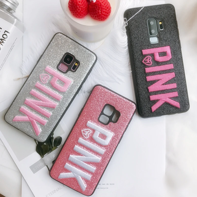 

Embroidery Bling Glitter Case For Samsung Galaxy S10 S9 Plus Case PINK Luxury Soft Cover For Samsung Galaxy S8 Note 8 Note 9Case