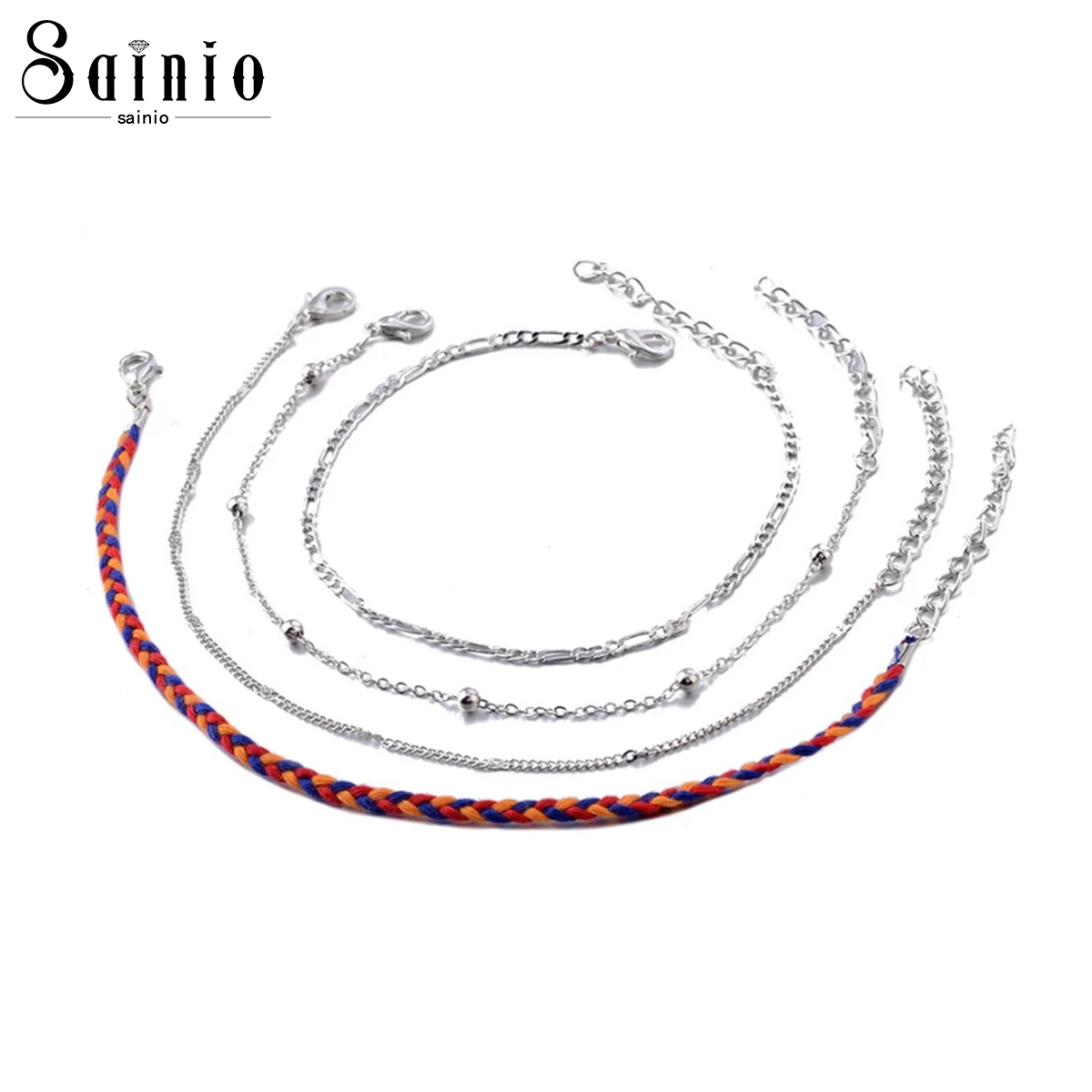 

4Pcs/set Boho Ankle Bracelet for Women Beach Vintage Handmade Braided Rope Beach Sandal Anklet Silver Foot Chain Bracelets