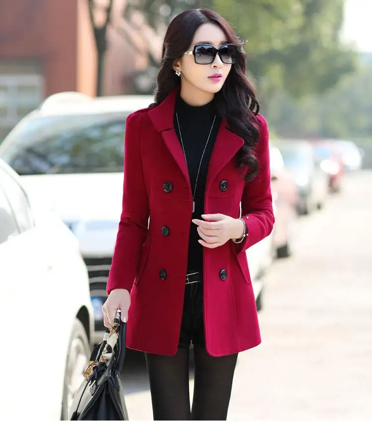 Fitaylor Новое Осеннее зимнее шерстяное пальто для женщин тонкий двубортный средней длины полушерстяное теплое Женское пальто - Цвет: Wine red