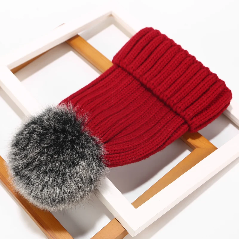 Real Fur Hat Knitted Real fox hair bulb Pom Pom Hat Women Winter Hat Unisex Kids Warm with wool Chunky Thick Stretchy Knit hat