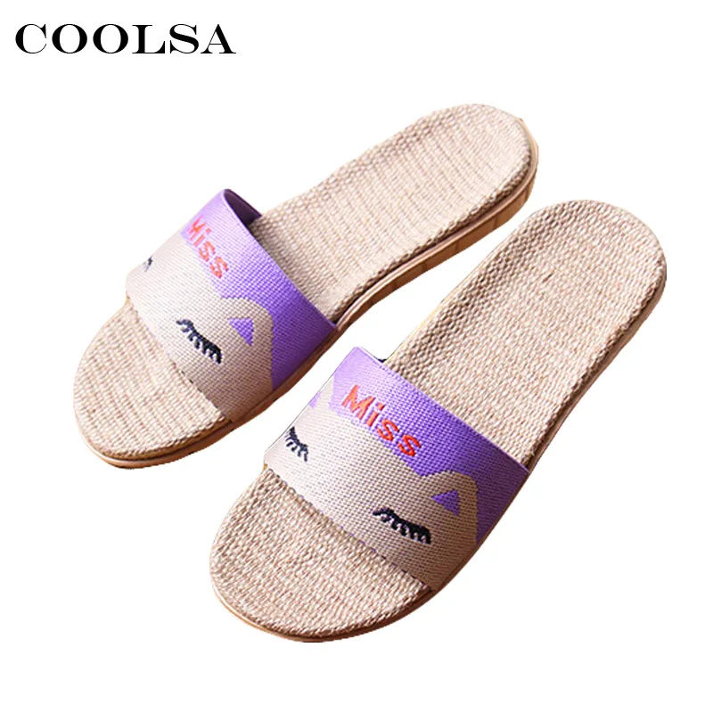 

Coolsa New Summer Womens Linen Slippers Cute Cartoon Cat Flip Flop Flax Fabric Non-slip Slides Indoor Woman Casual Beach Sandals