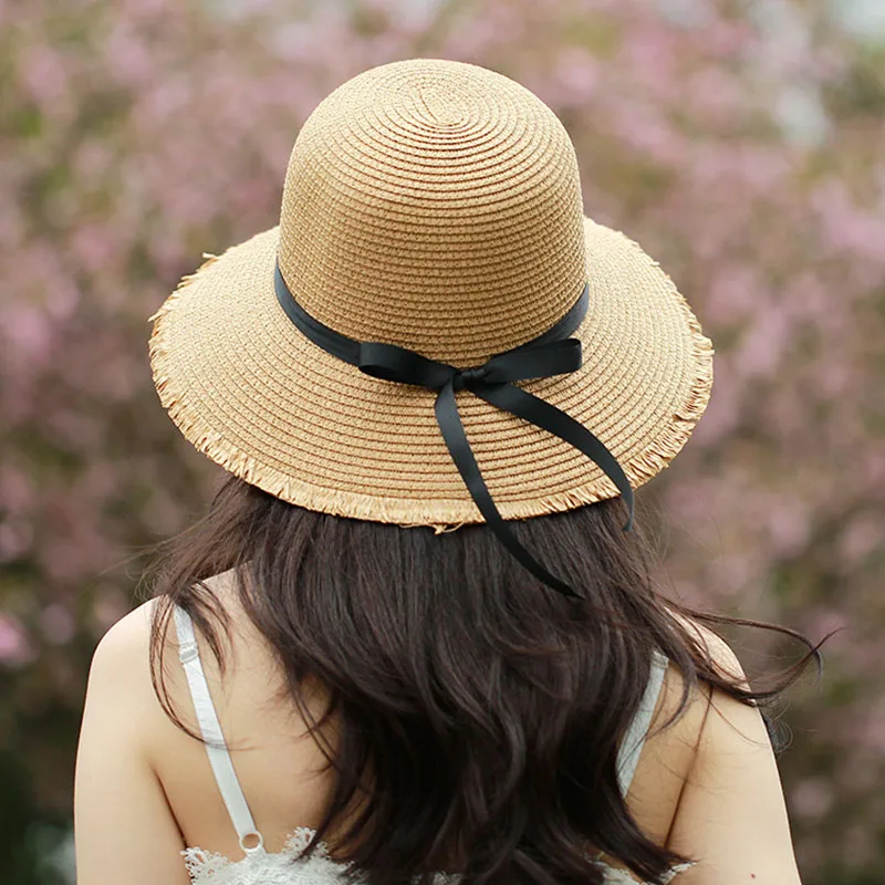 

AECU Foldable Beach Hats For Women Summer Large Brim Hat Floppy Straw Hat Casual Vacation Travel Wide Brimmed Bowknot Sun Hats