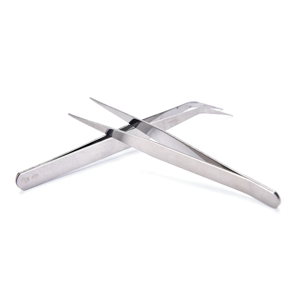 

2PCS Sliver Bend+Straight Stainless Steel Tweezers Industrial Anti-static Cross Tweezers Aquarium Tool Fish Tank Cleaning Tool