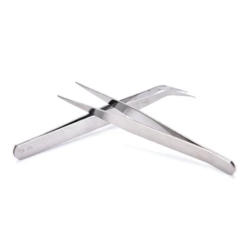 

2PCS Sliver Bend+Straight Stainless Steel Tweezers Industrial Anti-static Cross Tweezers Aquarium Tool Fish Tank Cleaning Tool