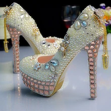 Fashion Luxurious Pearls Crystals Wedding Shoes Custom Made Size 11 cm High Heel Bridal Shoes Party Prom Women Shoes