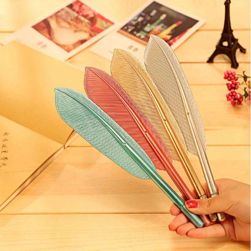 

Cute Feather Metal Handle Stationery Personality Neutral Ballpoint Pen Novelty Fashion 3D Feather Shaped School Signature Pen