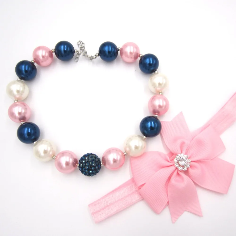 

Lovely Baby Girls Gifts 20mm Purplish Blue Pearl Beads Strand Chunky Bubblegum Necklace Pink Bow Elastic Head Band Jewelry Set