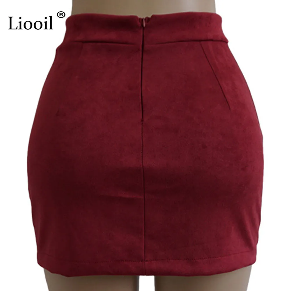 Liooil, сексуальная черная замшевая Женская юбка-карандаш, высокая талия, Осень-зима, открытая, на шнуровке, Винтажные белые мини-юбки, женская одежда