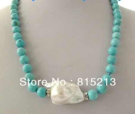 

FREE SHIPPING>>>@@ > N663 8mm Round Blue Turquoise Necklace White Keishi Keshi Baroque Pearl Pendant