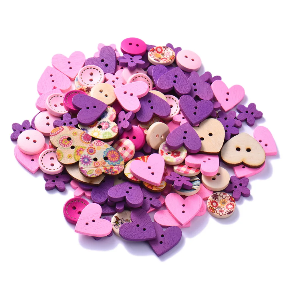 

100Pcs/Lot Mixed 2-Hole DIY Wooden Buttons Pink/Coffee/Blue Heart Pattern Decorative Buttons Fit Sewing Scrapbooking Craft