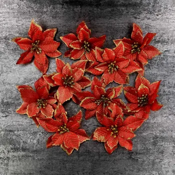 

Hot Sale 10PCS/set Glitter Artificial Flowers Gold Red Rattan Pendant with Gold Side Xmas Trees Ornaments Christmas Decorations