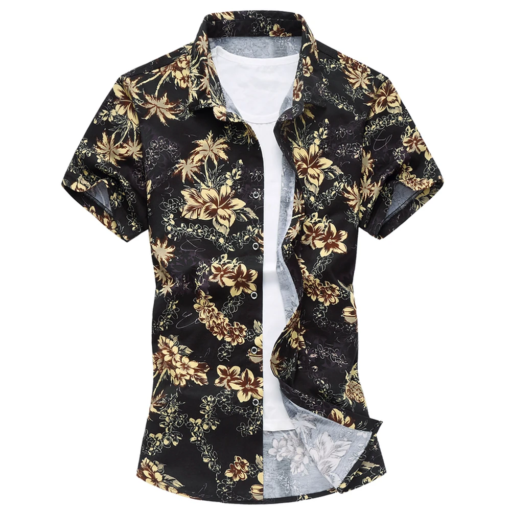 Летние мужские пляжные Гавайские рубашки с коротким рукавом, повседневные рубашки с цветочным принтом, большие размеры 6XL, новая модная мужская одежда - Цвет: yellow