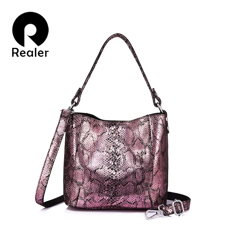 

REALER women handbag genuine leather shoulder crossbody bag female fashion totes girl bucket messenger bags Ladie top-handle bag