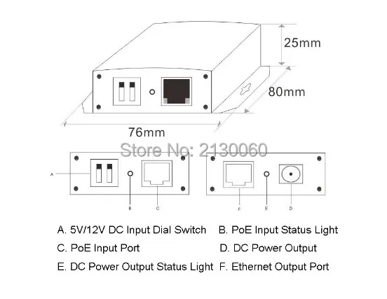 Сплиттер POE 10/100/1000 M с двойным выходом DC 5 V/12 V. Совместимость с IEEE802.3af (15,4 W)