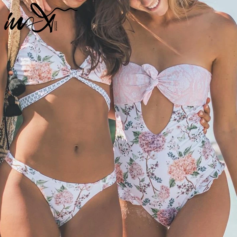 

In-X Plus size swimwear women floral print one piece swimsuit female monokini Cutout bikini 2019 Sexy knot bathing suit new XL