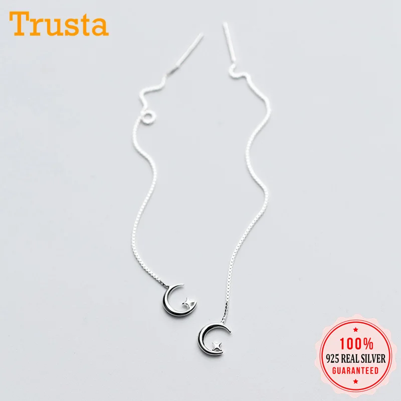 

Trusta 2019 Fashion Hot 100% 925 Sterling Silver Stud Earrings Cute Moon Star Linked 9.8cm Drop Stick Girls Friends Gift DA40