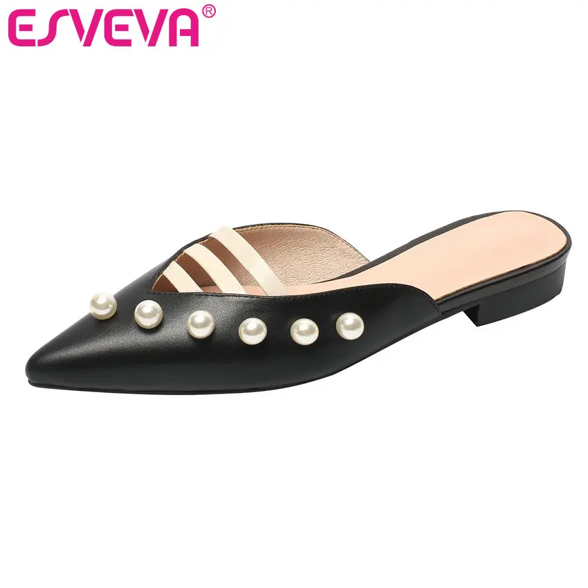 

ESVEVA 2019 Summer Women Sandals Cow Leather +PU Square High Heel Pointed Toe Slingback String Bead Ladies Pumps Size 34-40