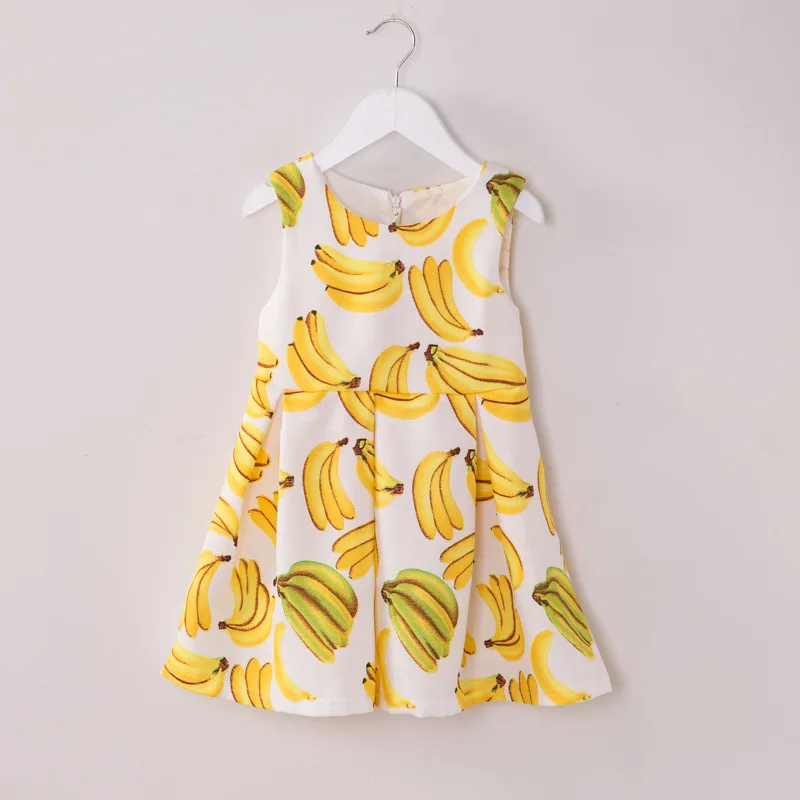 

European American Wind Fashion 2016 Summer New Fruits Printed Sleeveless Dresses Cute Girl Popular Children's Knee-Length Dress