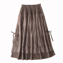 Весна Винтаж Хлопок и лен плиссированные юбки женские Лето Новые тонкие кружевные юбки элегантные свободные по щиколотку юбки женские