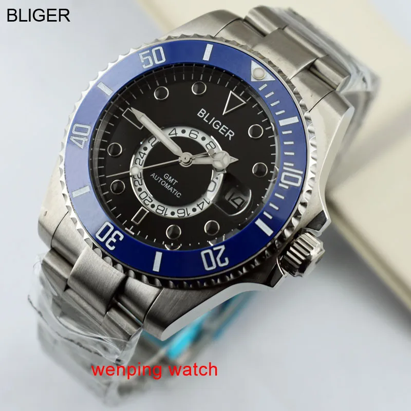 1 шт. bliger 43 мм Керамика 21 типов ободок для вас выбрать черный циферблат GMT Watch руки Автоматическая Мужские наручные часы e2416