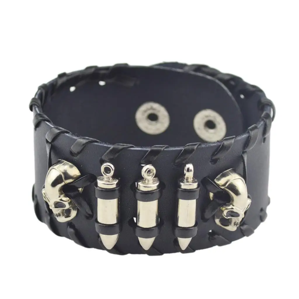 

New Brand Trendy Braided Skull Leather Bracelets Black Punk Wide Cuff Bracelets & Bangles for Women Men Fine Jewerly 2015